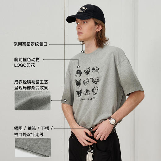 714street夏季美式复古水洗做旧动物印花插肩短袖T恤男情侣款上衣 商品图3