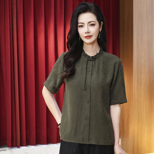 LS-LX2826冠乐绉香云纱上衣女2025夏装新款新中式短袖阔太太桑蚕丝真丝衬衫 商品图0