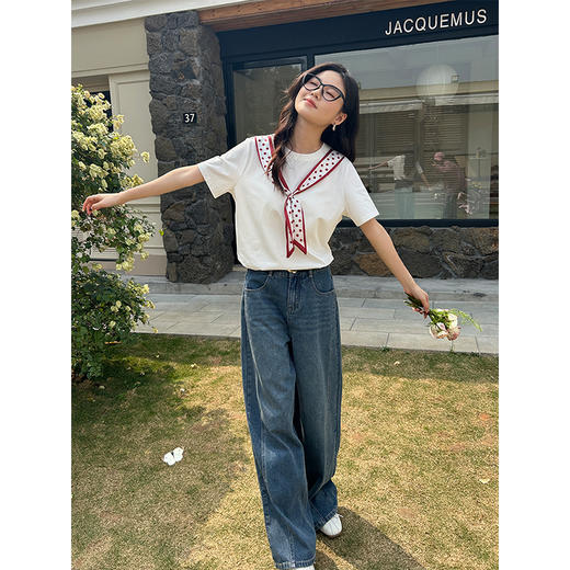 【专属特价】熙世界分割线设计阔腿牛仔裤女2025春夏新款美式复古宽松直筒裤子 商品图3