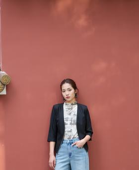 SZ1A59_漆黑色_上衣_春夏_七分袖无领短款修身_高级女装_BERNIEELEN 伯妮斯茵