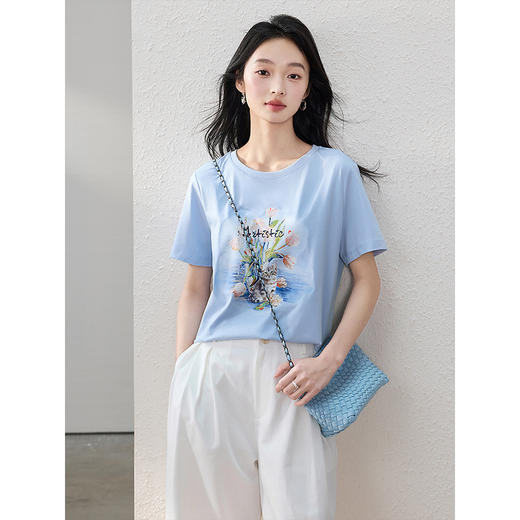 【专属特价】熙世界郁金香猫咪油画印花T恤女短袖休闲风圆领上衣2025夏季新款 商品图3