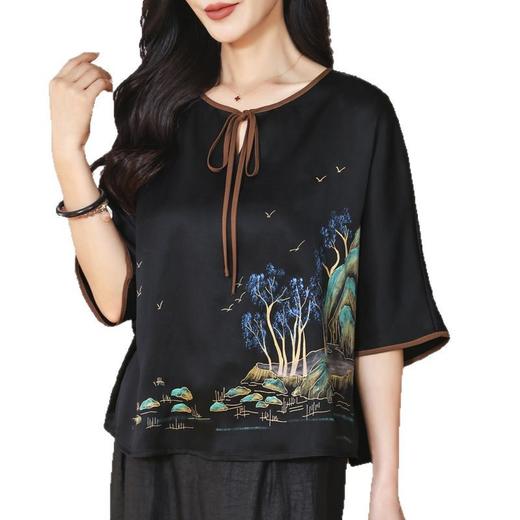 LS-LX2823高端香云纱上衣女中袖2025夏装新款国风印花真丝衬衫宽松大码T恤 商品图4