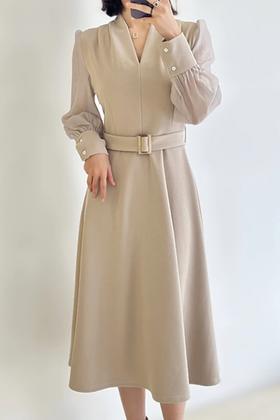 Le Malene 杏色V领透视袖拼接腰带连衣裙 19902