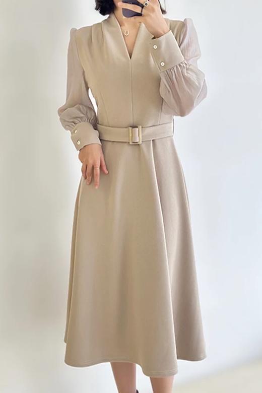 Le Malene 杏色V领透视袖拼接腰带连衣裙 19902 商品图0