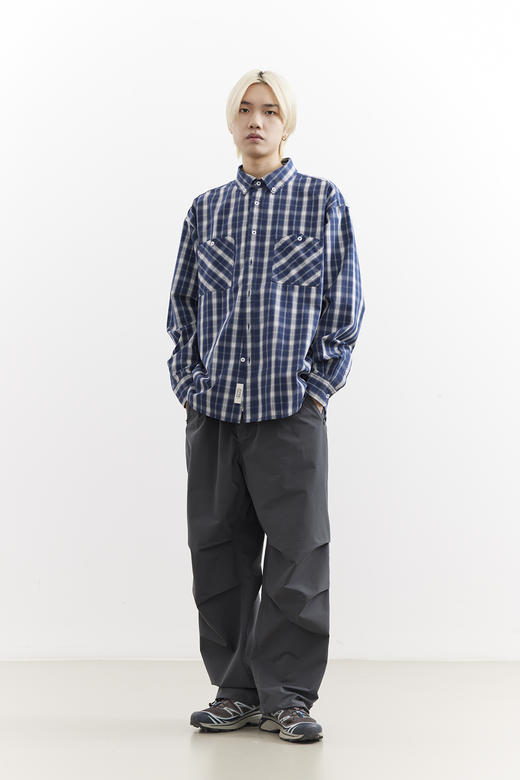 吃茶去chichaqu25全棉格纹口袋长袖衬衫宽松复古经典休闲百搭男女 商品图1