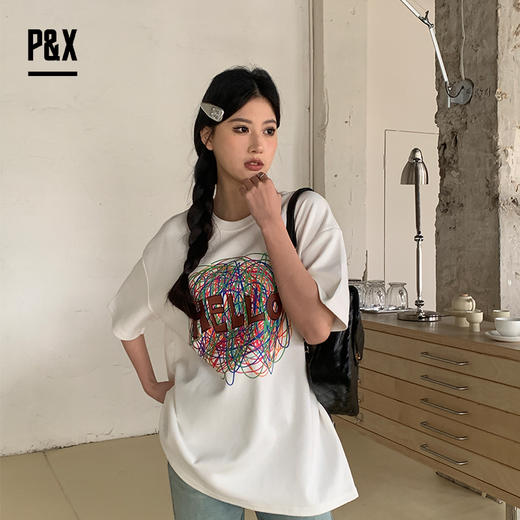 P&X设计师女装新款夏季美式涂鸦印花小众设计感T恤824202561B 白色 商品图0