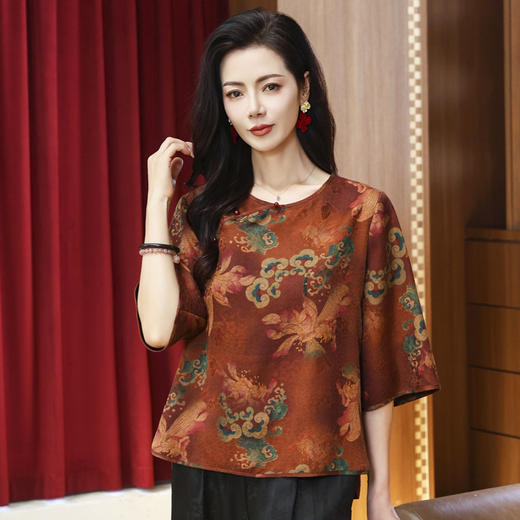 LS-LX2806高端花罗香云纱上衣女2025新款中式大码洋气桑蚕丝真丝衬衫 商品图2