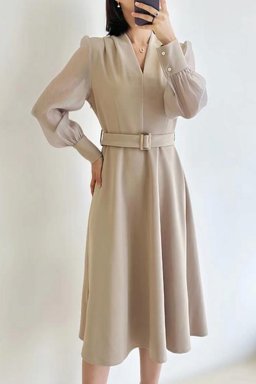 Le Malene 杏色V领透视袖拼接腰带连衣裙 19902 商品图1