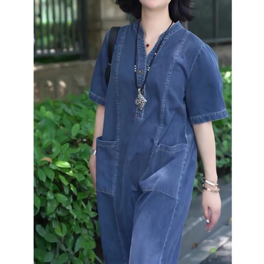 百媚生 文艺宽松装中长款显瘦V领短袖牛仔连衣裙R28-E5 商品图2