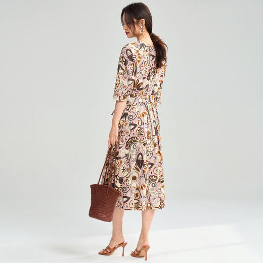 25春夏复古艺术花卉纯棉印花收腰系带中长连衣裙25032 商品图4