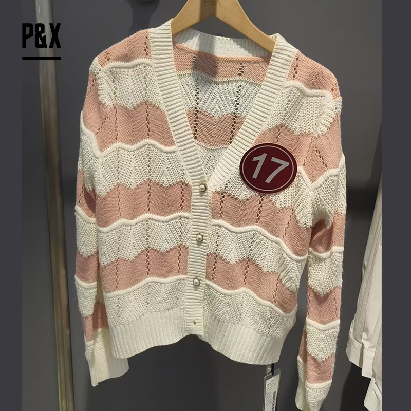 P&X设计师女装 针织短款外套 824113736 粉白条