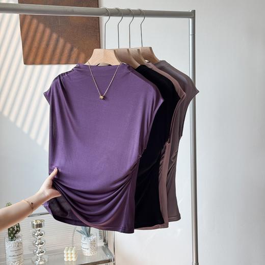 丁摩 真丝褶皱设计感女t恤气质无袖桑蚕丝上衣JSY1800178 商品图7