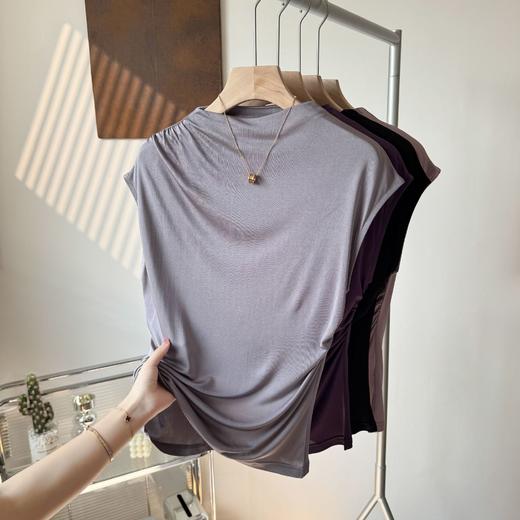 丁摩 真丝褶皱设计感女t恤气质无袖桑蚕丝上衣JSY1800178 商品图6