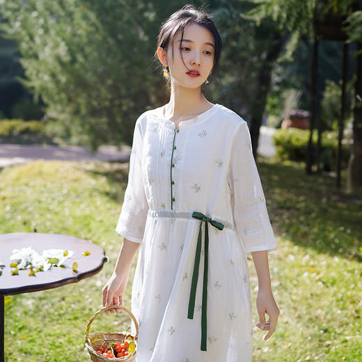 丁摩 新中式收腰苎麻连衣裙国风复古裙子 商品图2