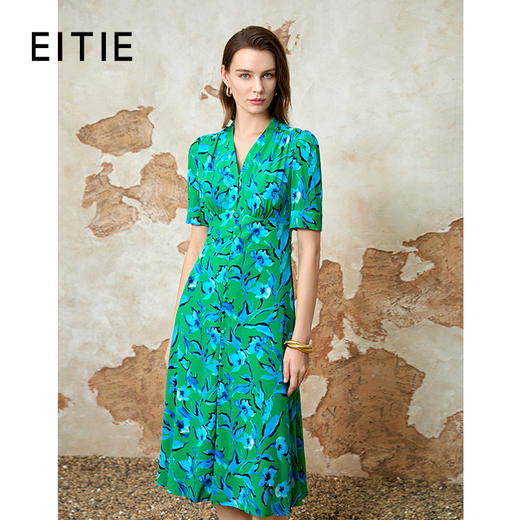 EITIE爱特爱时尚高腰a字显瘦撞色印花V领连衣裙夏季新款8207939 商品图0
