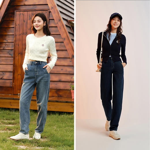 森马牛仔裤女抓毛长裤舒适复古风冬季新款潮流宽松锥形裤显瘦 商品图3