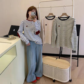 素家同款条纹小熊！2025新款宽松休闲男女款长袖T恤百搭显瘦撞色圆领衫！