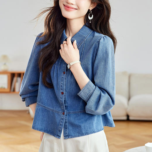 百媚生 98棉小个子显高荷叶摆牛仔衬衫女长袖53027 商品图1