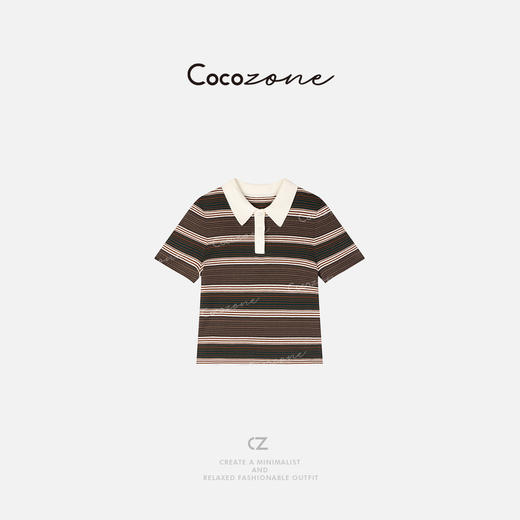 COCO ZONE 刘一一 100棉条纹撞色半开领短袖针织衫ACD1A0143 商品图0