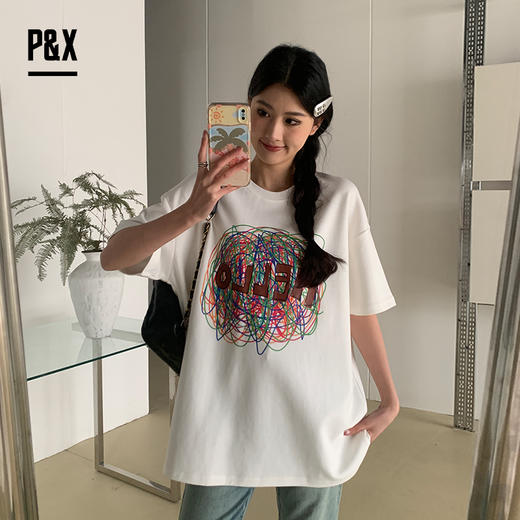 P&X设计师女装新款夏季美式涂鸦印花小众设计感T恤824202561B 白色 商品图2