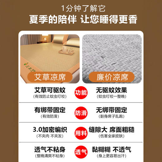 浪莎家纺 艾草驱蚊席三件套 凉感冰丝凉席 舒适透气  3种尺寸可选 商品图2