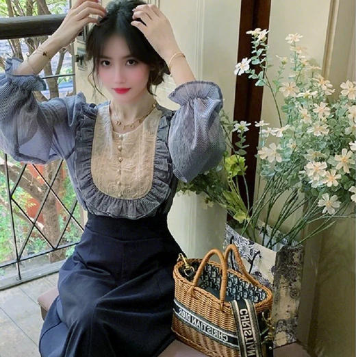 裁缝学苑AS452法式复古条纹衬衫背带裙套装纸样女装春秋两件套样板 商品图1