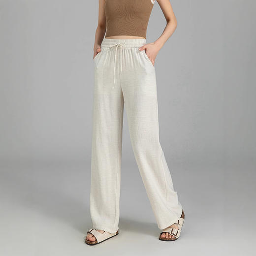 百媚生 亚麻混纺松紧腰抽绳直筒裤高腰阔腿裤25SS0039 商品图3