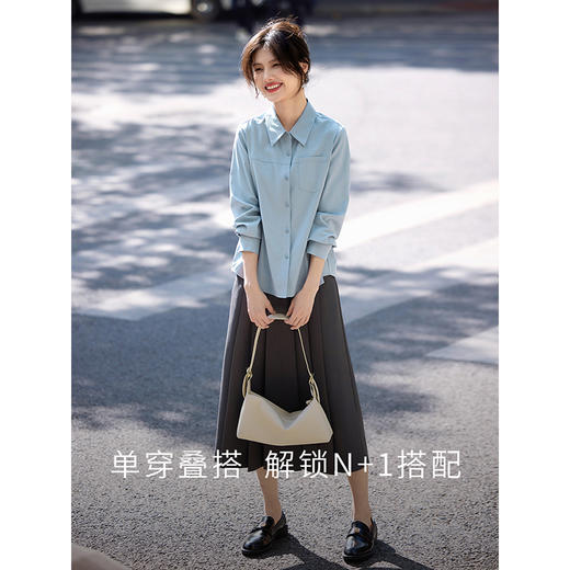 【专属特价】熙世界蓝色衬衫女款2025春秋新款法式设计感宽松休闲显瘦别致上衣 商品图2