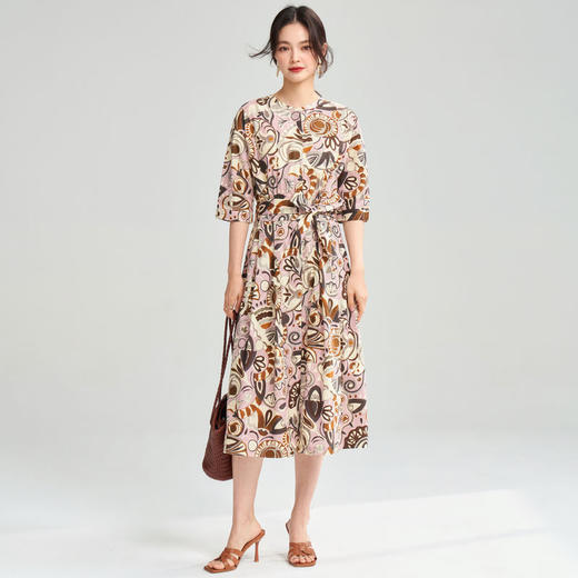 25春夏复古艺术花卉纯棉印花收腰系带中长连衣裙25032 商品图0