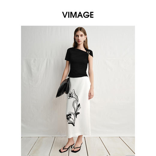 VIMAGE纬漫纪度假风刺绣撞色花朵及踝高腰直筒半身裙2025夏季新款V2306919 商品图1