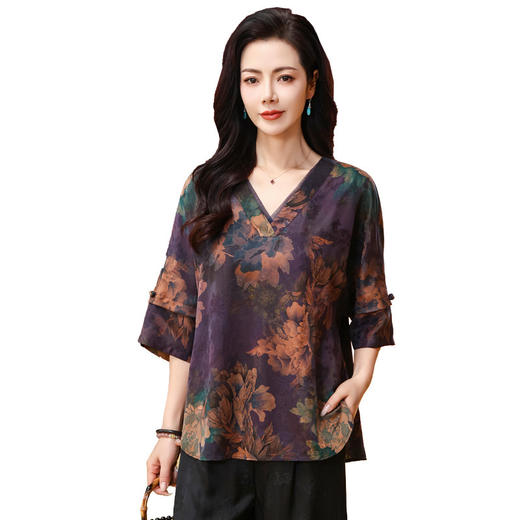 LS-2818真丝香云纱上衣女2025新款夏季V领中袖桑蚕丝拼接复古桑蚕丝 商品图4
