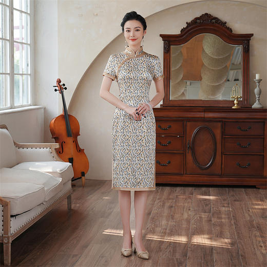 HQ-218夏季新款真丝桑蚕丝年轻款复古国风中长款时尚显瘦旗袍连衣裙 商品图3