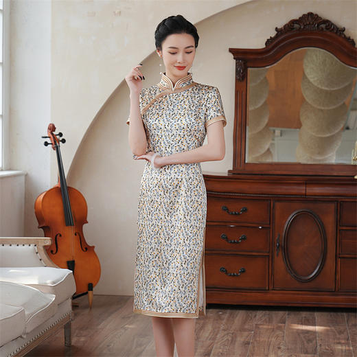 HQ-218夏季新款真丝桑蚕丝年轻款复古国风中长款时尚显瘦旗袍连衣裙 商品图1