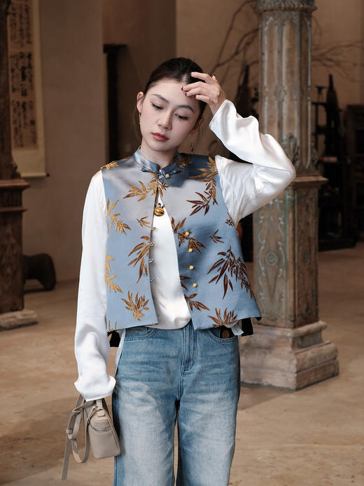 盛唐牡丹| 竹叶纹真丝漳缎马甲 商品图2