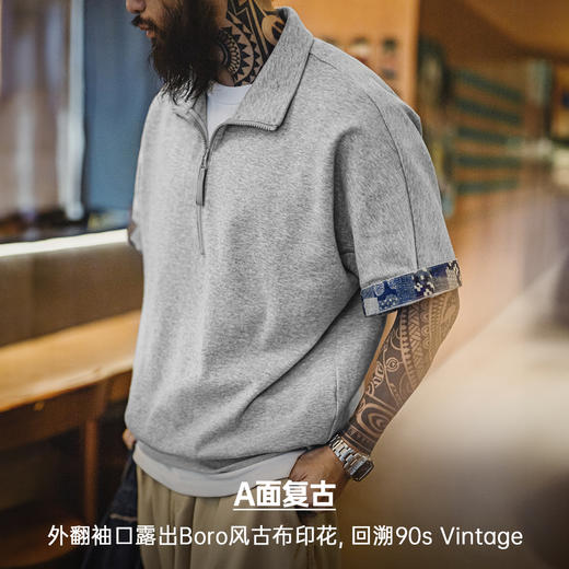 工装优选 美式复古boro风半开襟polo古布印花宽松休闲翻领T恤男夏 商品图3