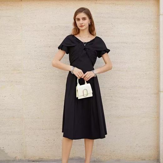 圣迪奥修身显瘦连衣裙收腰圆领蝴蝶结短袖连衣裙 商品图1
