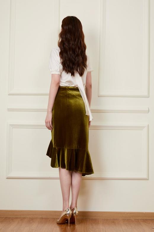 ELLA JADE 橄榄绿色高腰百褶丝绒半裙 19886 商品图4