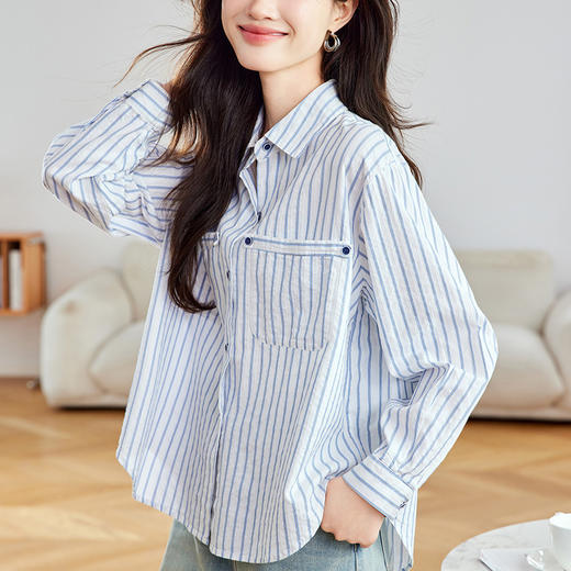 百媚生 纯棉条纹衬衫女长袖双口袋衬衣52083 商品图2