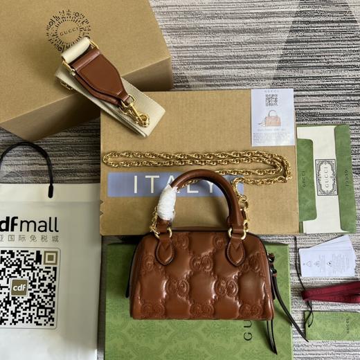GUCCI古驰 GG Matelassé 金色徽标链条帆布双肩带 皮革 手柄波士顿包 单肩包手提包 迷你 女款 浅棕色（CB） 商品图0