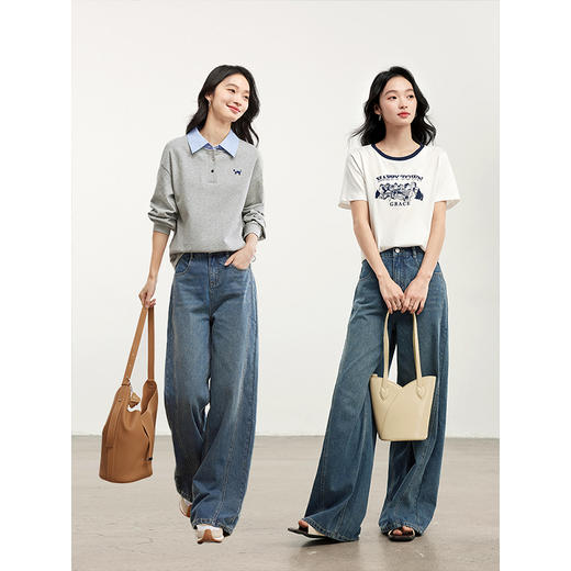 【专属特价】熙世界分割线设计阔腿牛仔裤女2025春夏新款美式复古宽松直筒裤子 商品图2