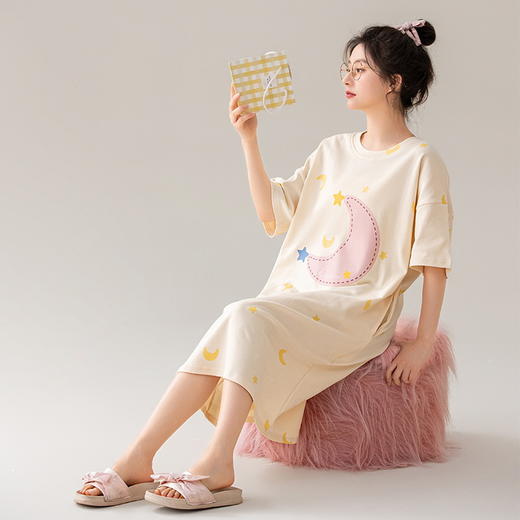 纯棉睡裙女夏季2025新款夏天睡衣短袖薄款甜美风少女连衣裙子圆领学生睡衣 商品图3