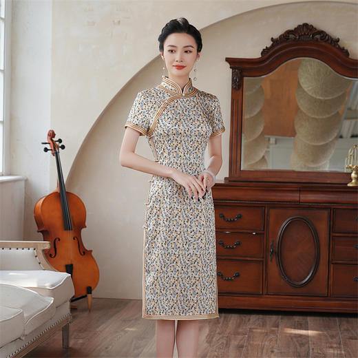HQ-218夏季新款真丝桑蚕丝年轻款复古国风中长款时尚显瘦旗袍连衣裙 商品图2