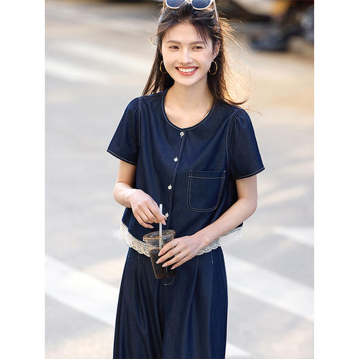 【专属特价】熙世界蕾丝拼接仿牛仔外套阔腿裤套装女2025夏季穿搭一整套高级感 商品图3