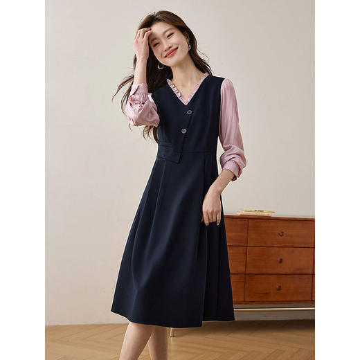 【五折购】熙世界假两件木耳边V领连衣裙长袖法式复古中长裙女2025春季新品 商品图3