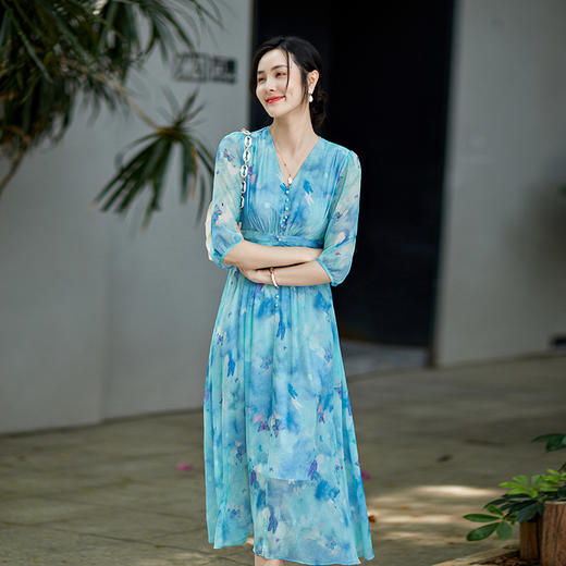 彩蝶印花松紧腰双绉真丝连衣裙CS90433 商品图1