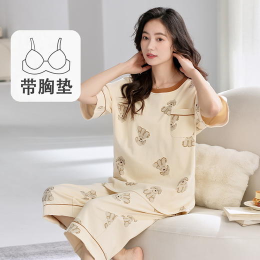 2025新款带胸垫睡衣女夏短袖七分裤套装家居服学生薄款卡通凉爽透气免穿文胸 商品图3