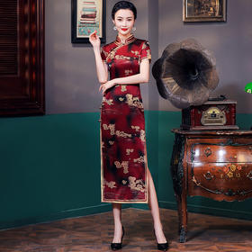 HQ-JYJ-072红色旗袍新中式长款桑蚕丝年轻款复古中国风旗袍连衣裙