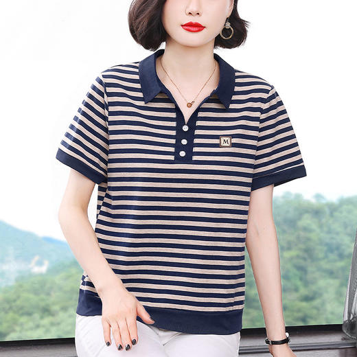 百媚生 棉质翻领条纹上衣短袖6830 商品图3
