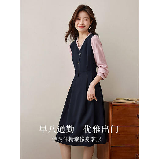 【五折购】熙世界假两件木耳边V领连衣裙长袖法式复古中长裙女2025春季新品 商品图2