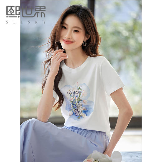 【专属特价】熙世界郁金香猫咪油画印花T恤女短袖休闲风圆领上衣2025夏季新款 商品图0